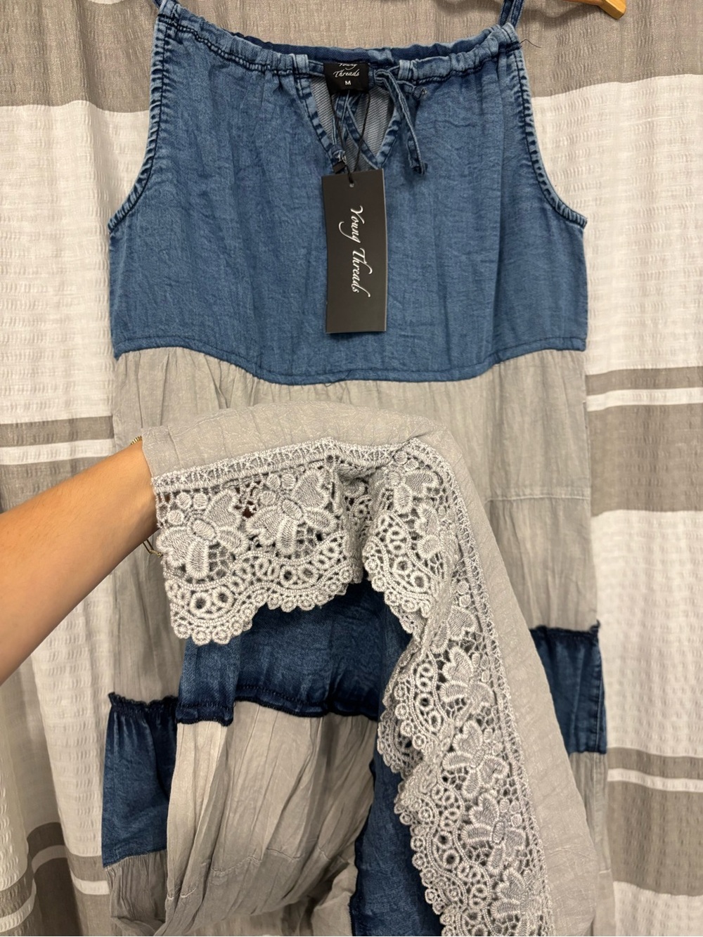 Young Threads Boho Tiered Maxi Dress — Blue & Cream Patchwork - Picture 3 of 3